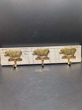 Hand Crafted Hat Key Coat Rack 3 Brass Bear Hooks Wall Mount `16.5"